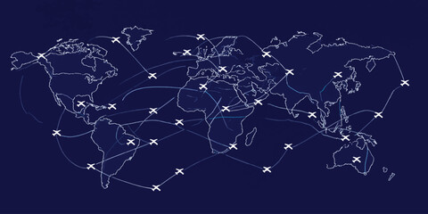 Global network connectivity map with international flight routes and digital points of communication connection communication technology international logistics transportation infrastructure © KHADIZA