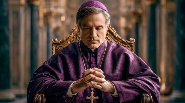 Catholic Bishop in Purple Zucchetto and Pectoral Cross Seated in Cathedra Cathedral