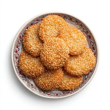 Moroccan chebakia sesame cookies coated in honey isolated on a white background