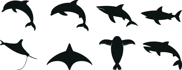 Collection of ocean life silhouettes with dolphin shark whale and stingray icons for aquatic wildlife graphic design © Sree