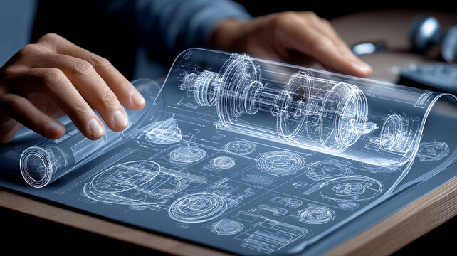 A hand reviewing a holographic mechanical blueprint, representing industrial engineering, product development and virtual design planning.
