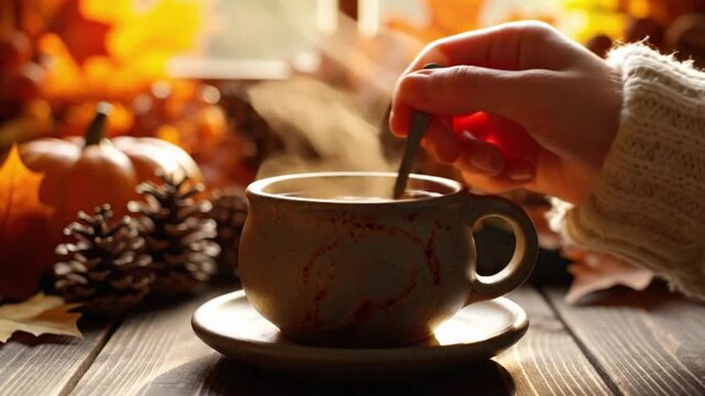 Rooibos tea is prepared in a cozy space with autumn decorations and soft light during the afternoon