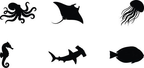 Marine Animal Silhouette Set Featuring Octopus Manta Ray Jellyfish Seahorse Hammerhead Shark and Tropical Fish © Sree