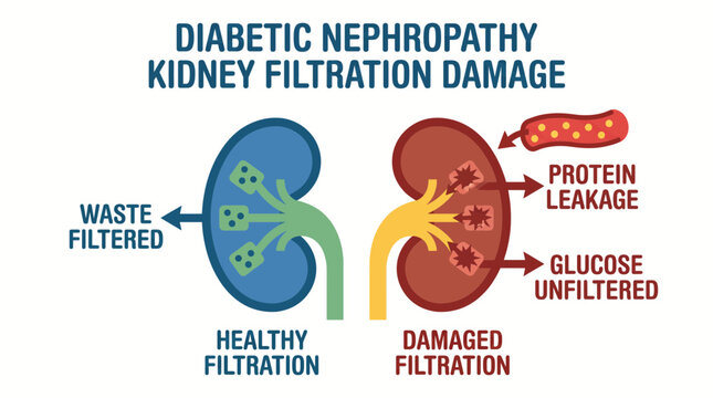 Diabetic Nephropathy Kidney Filtration Damage Medical Diagram
