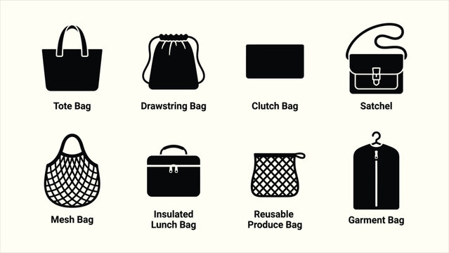 Minimalist solid black bag types and fashion accessories icon set