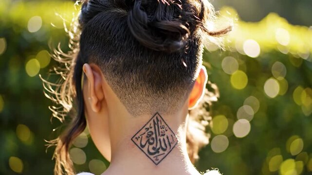 Rear view of a young woman with a stylish undercut hairstyle and an Arabic calligraphy tattoo on her neck in a sunlit garden
