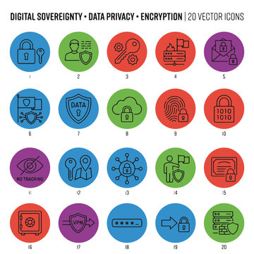 Digital Sovereignty Icons Set Representing Privacy Security and Data Control