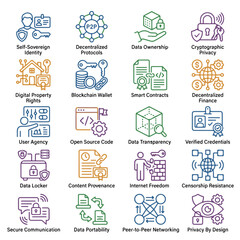 Fototapeta premium Digital Sovereignty Concepts Illustrated with Blockchain and Tech Icons