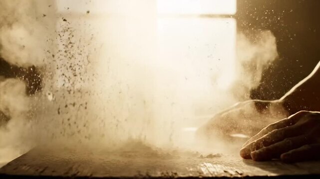 Close-up of hands sifting flour creating a cloud of dust.