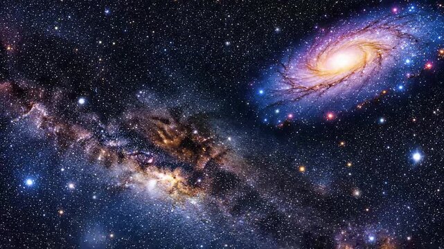 Cosmic spiral galaxy collision in deep space with glowing nebula and shimmering star clusters