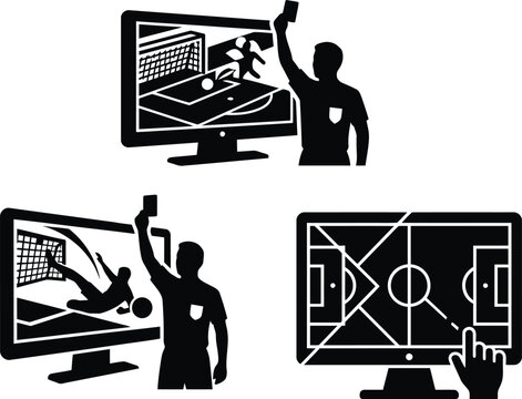 High-Contrast Soccer Video Assistant Referee Concept Set: Clean Vector Graphic Bundle of Football Judge Monitors and Field Replays Isolated on White