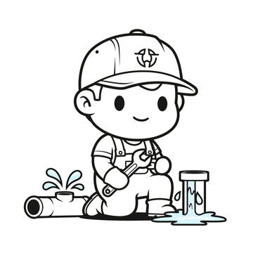 Little boy fixing a water pipe.