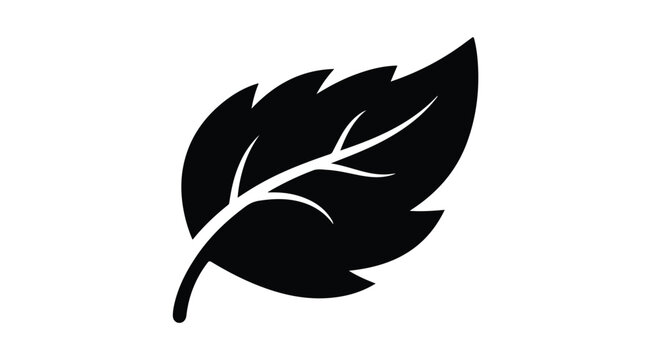 Minimalist black leaf icon vector, botanical foliage silhouette with serrated edges, organic plant leaf symbol for eco-friendly branding and logo design