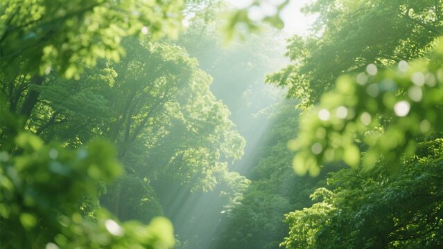 木々の葉の間から光の筋が差し込む緑豊かな森、マインドフルネスをテーマにしたイメージ