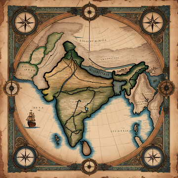 An antique map of India, featuring intricate details of its geography, rivers, and ancient trade routes, surrounded by ornate compass roses and a sailing ship.