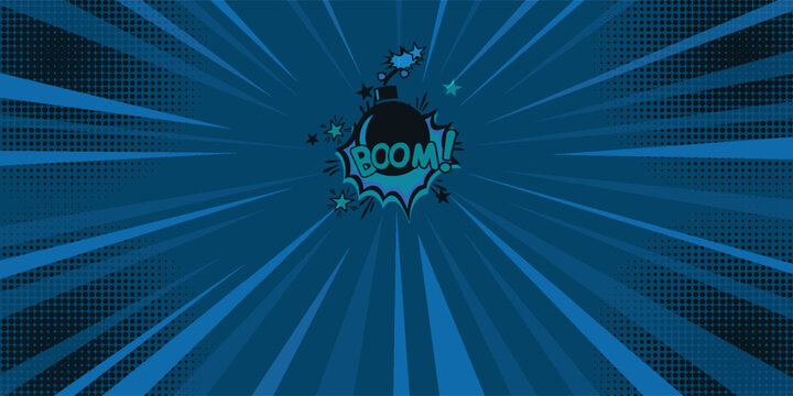 Comic book BOOM! text with a bomb explosion. Intense red manga speed lines and halftone dots background in a dynamic pop art style.