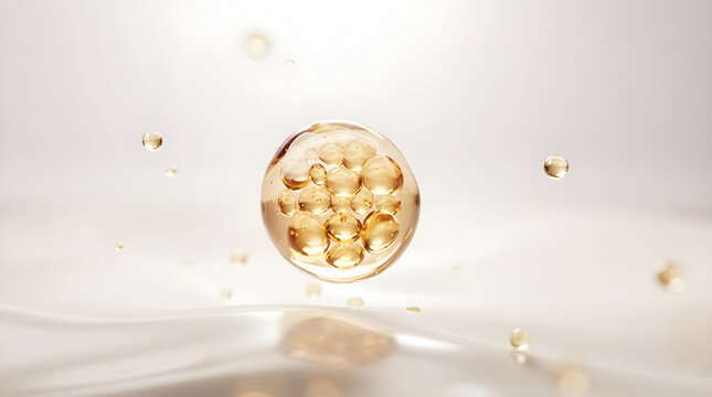 A concentrated essence macromolecule encapsulates micro active nutrients for deep cellular delivery. 3D rendering.