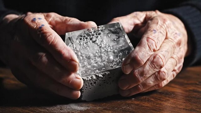 Close-up of wrinkled hands holding a rough, porous stone object.
