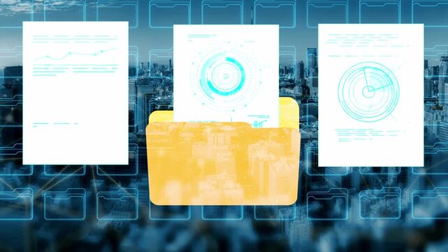 Digital Data Management Concept with Documents, File Folder and Cityscape Background in Blue Color Palette. Entropy.