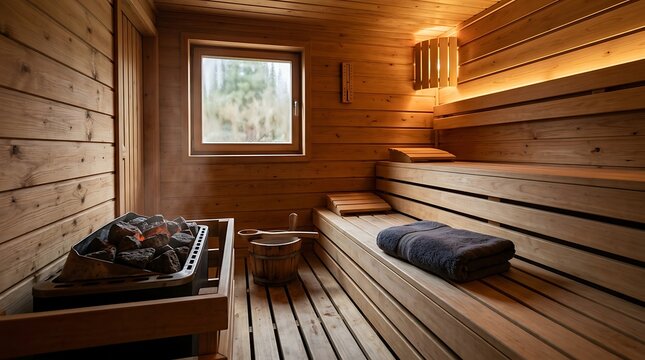 Interior of a wooden sauna.