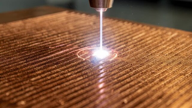 Medium shot of precise laser creating microgrooves on a copper surface enhancing texture for improved mechanical bonding and surface durability in industrial applications.