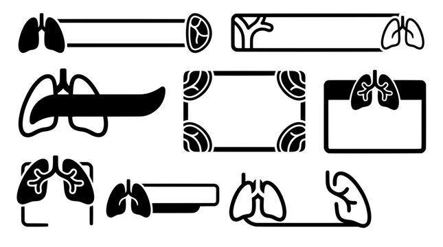 Black vector collection of medical lung lower thirds, respiratory corner graphics, video stream frames, and text banner overlays for healthcare UI