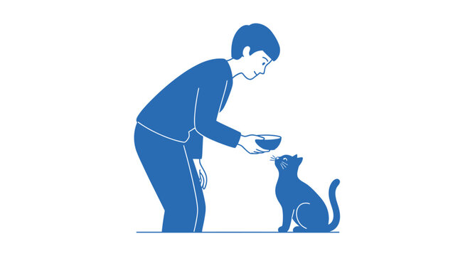 Man Feeding Cat Food Bowl.