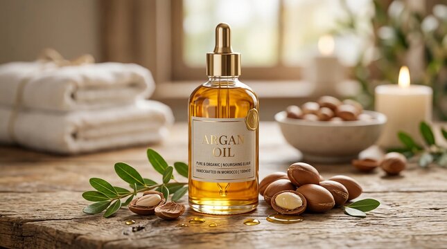 A bottle of argan oil with nuts and leaves on a wooden table indoors