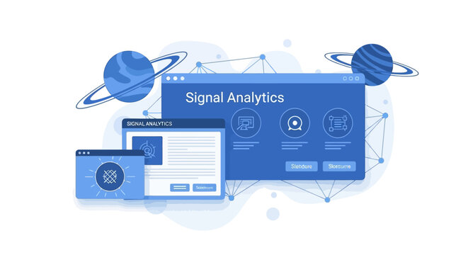 Data analytics and signal analysis concept with planets and network connections