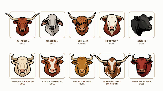 Set of ten different cattle breeds illustration.