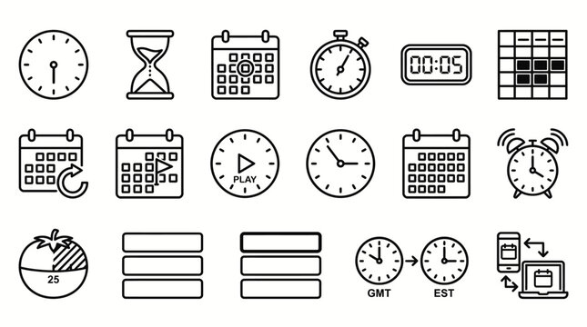 Set of time and schedule management icons in a hand-drawn sketch style.