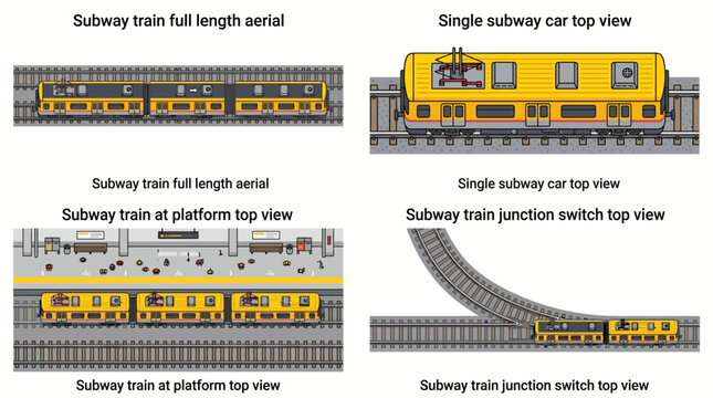 Set of top view illustrations of subway trains on tracks.