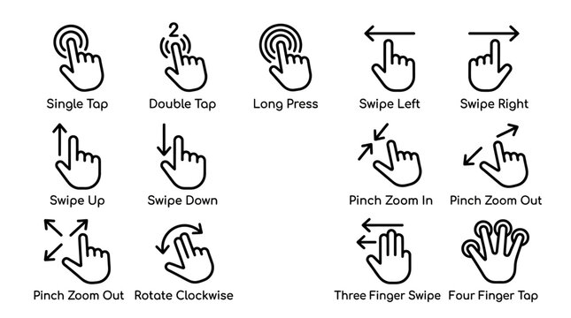 Set of touch screen gesture icons for smartphone and tablet navigation.
