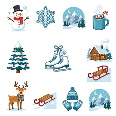 Fototapeta premium Collection of various winter-themed illustrations including a snowman, snowflake, ice skates, log cabin, deer, and Christmas tree.