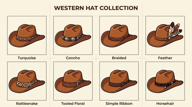 Set of Various Western Cowboy Hats Collection.