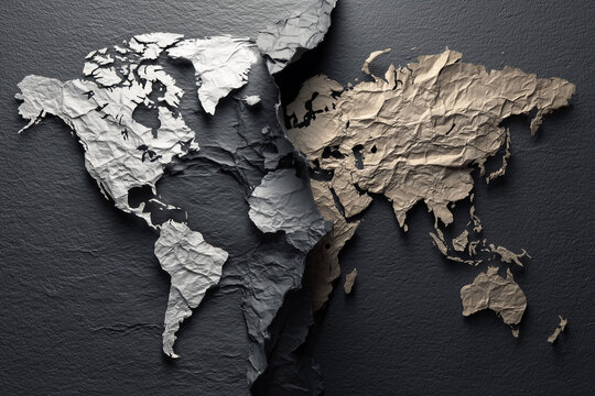 Textured metallic silver and gold 3D world map on dark background, 어두운 배경 위 거친 질감의 메탈릭 실버 및 골드 3D 세계 지도