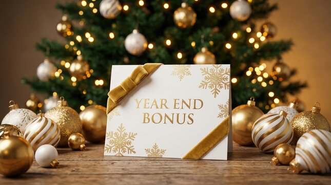 Year end bonus card with gold ribbon