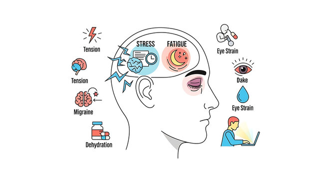 A person experiences stress and fatigue with various symptoms affecting their brain and body.