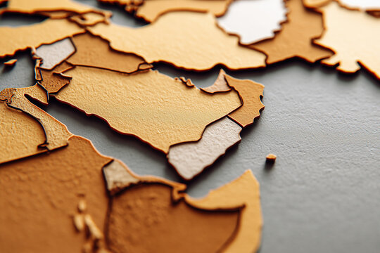 3D topographic map of Middle East and North Africa in earthy tones, 황토색 톤의 중동 및 북아프리카 3D 입체 지형 지도