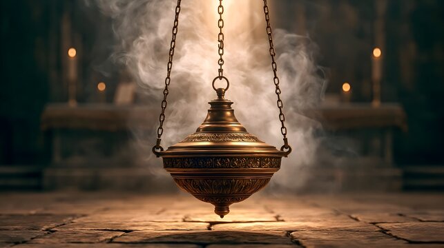 Ornate Brass Thurible Swinging Billowing White Incense Smoke Shaft of Light Sanctuary Catholic