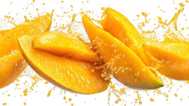 Golden mango pieces form rich juicy wave isolated on white