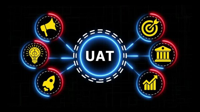 Uat user acceptance testing concept animation with futuristic neon light icons.