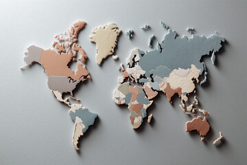 Fototapeta premium Clean and modern 3D world map with minimalist neutral color palette, 미니멀한 뉴트럴 컬러 팔레트의 깔끔하고 모던한 3D 세계 지도