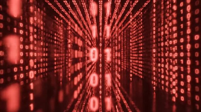 Red binary code background representing digital data flow