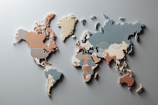 Clean and modern 3D world map with minimalist neutral color palette, 미니멀한 뉴트럴 컬러 팔레트의 깔끔하고 모던한 3D 세계 지도
