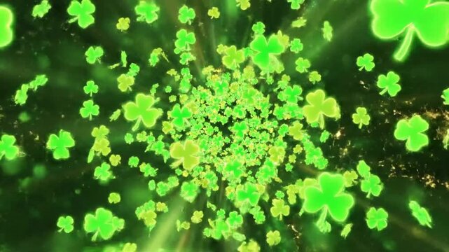 Saint Patrick Day neon clover leaf motion graphics with bright colors and animated effects during the celebration
