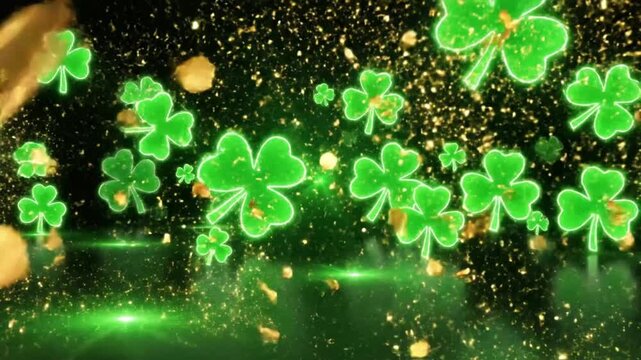 Bright neon clover leaves move in abstract patterns for Saint Patrick's Day celebration