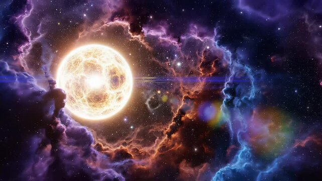 Bright glowing star exploding in deep space nebula with vibrant purple and orange gas clouds and stardust