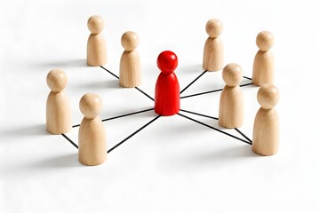 Obraz premium Red Wooden Figure Connected to Network of Plain Pegs Representing Leadership Teamwork and Communication