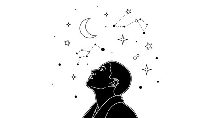 Minimalist silhouette of person looking up at moon and stars © Nur